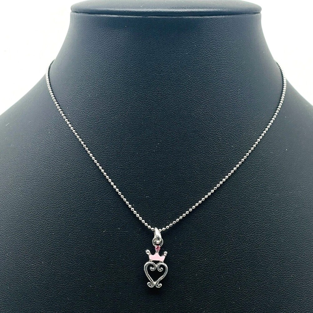 COOKIE LEE Crowned Heart Charm Necklace Silver Tone Pink Enamel Love Valentine